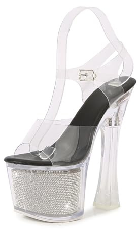 Sexiga Bekväm 17.5cm Kvinnor Chunky Högklackat Sandal Peep-toe Plattform Spänne Ankel Strappy Professionella Dansskor Pole Fitness Pole Dance High Heels(Black,43)