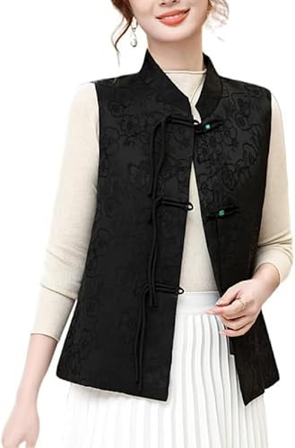 DSAoTeng Gilet sans manches pour femme avec boucle et fleur de pêche - Style Qipao brodé - Style décontracté et élégant - Style Qipao, Noir , XXL