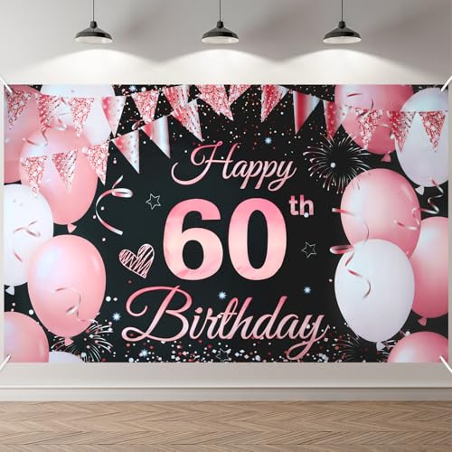 ANOMM 60.Geburtstag Banner Schwarz-Rosa, Happy Birthday Banner, | 60.Geburtstag Dekoration für Drinnen und Draußen, Extra Groß Party Geburtstagsdeko Hintergrund (180 x 110 cm)