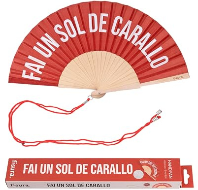 Fisura – Abanico original con mensaje “fai un sol de carallo” Abanico de madera moderno y colorido. Ventilador de mano rojo. Colgador incluido. Medidas: 42,5 x 23 cm