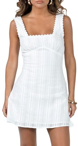 Cusghjbsg Womens Sleeveless Tank Dress Solid Color Lace Trim Strap Square Neck High-Waisted Ruffle Hem A-line Beach Short Mini Dress (White A, L)