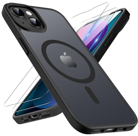 TQIAHF Magnetic Phone Case Cover for iPhone 13 / iPhone 14, Black | with 2 Tempered Glass Screen Protector Compatible with MagSafe Military Grade Shockproof Protective Slim Translucent Matte