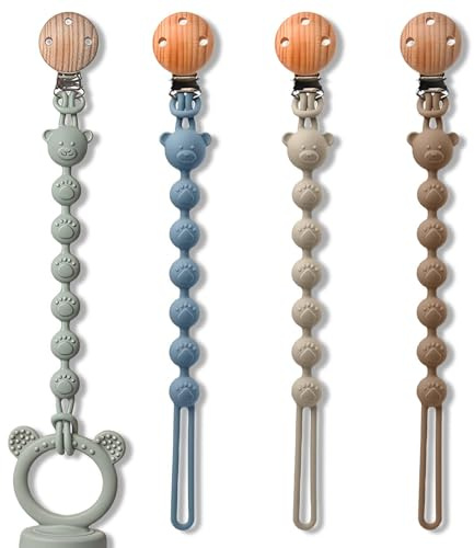 4 Stück Schnullerketten Set, Schnullerband Schnullerkette Junge und MäDchen, Der Kleine Bär Pacifier Chain Halten Schnuller Sauber, Baby Schnullerkette Nuckelkette Schnuller Kette