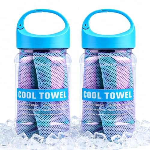 Kukyller Toalla de enfriamiento, 2 toallas de refrigeración con botella de almacenamiento, toalla de hielo, toalla de sudor para cuello y cara, yoga, deportes, correr, gimnasio (azul)