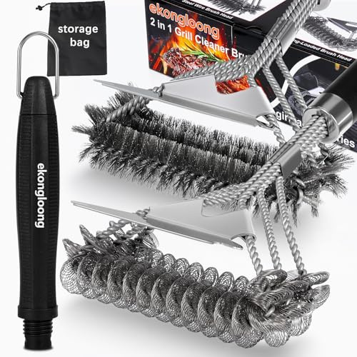 18 Heavy Duty BBQ Grill Brush and Scraper Set, 2-in-1 Safe Bristle Free Grill Cleaner & Strong Wire Brush, Professional Grill Scraper for Outdoor Gas Charcoal Grills, Deep Cleaning BBQ Tools