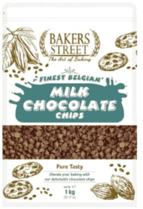 Bakers Street Milk Chocolate Chips 1Kg - Premium Quality Baking Chocolate Chips for Cookies, Cakes, Muffins, Brownies, Desserts, Ice Cream Toppings & Ganache