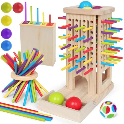 puiaxod Juego de Mesa Montessori para Niños 3 4 5 6 Años, con 40 Palitos de Madera, Dados y 5 Bolas de Colores Torre de Madera Juegos Educativos Juguete de Matemáticas para Familia y Viaje