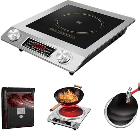 3500W Induction Hob, Concave Design Induction Cooktop, 10-Temperature Levels, Portable Commercial Grade Hob, Wok-Friendly for Stir-Frying & Boiling silver