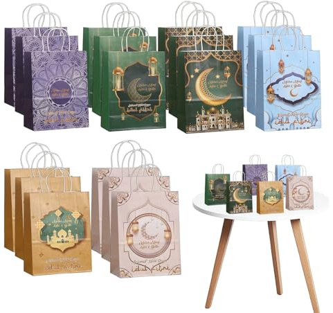 TICKLELY Ramadan Geschenktüten Set – 18 Stück, 6 Designs, hochwertige Papierbeutel, 21x15x8 cm, ideale Verpackung für Geschenke und Snacks, perfekt für Eid Feiern und Partys