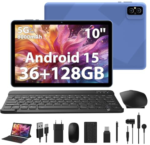 WOREGOO 10 pollici Android 15 Tablet, Tablet in Offerta 36G RAM+128G ROM, 5G WiFi, Octa-Core, 8000mAh, 1280 * 800 HD, 5MP + 8MP fotocamera con tastiera/mouse/caso(Blu)