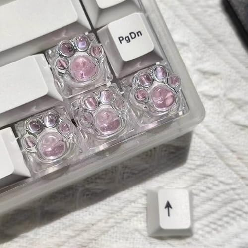 Evlkuen Cat Paw Keycaps, 4pcs Resin Artisan WASD Arrow Esc Keycap, Cute Kawaii Shine Through Keycaps (Pink)