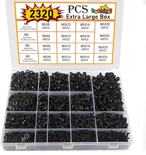 huruirui 2320pcs M2 M3 M4 M5 Jeu de Vis et écrous Vis Boulon et écrous à Noir Hex Socket Head Cap Assortiment Ecrous et Boulons Rondelles Kit pour Réparation Bricolage Mécanique