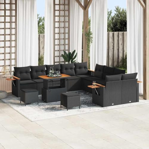 Frdhee Gartenmöbel Lounge Eckbankgruppe,Garten-Sofa-Set mit Kissen 13 pcs Schwarz Poly Rattan,Außencouch für Terrasse,Veranda und Poolbereich