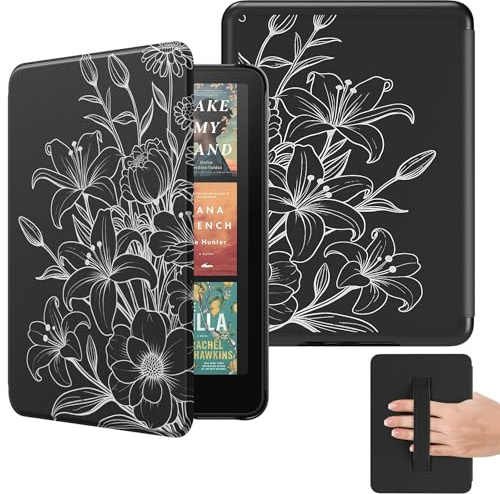 MoKo Hülle für Kindle Paperwhite 7 (12. Gen, 2024), Linie Blume | Kompatibel mit Kindle Colorsoft Signature Edition 2024, leichte Hülle mit Handschlaufe, Auto Schlaf/Wach