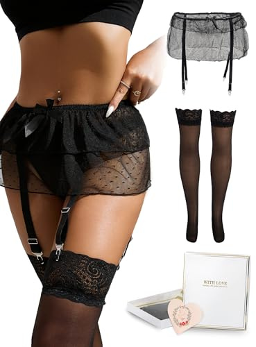 ohmydear Liguero para Mujer sexy Liga de Cintura Alta Encaje | Lencería y Ropa, Transparente con 4 Pinzas, Ajustables Liguero con Minifalda