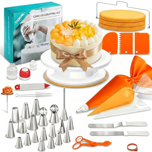 61 Drehteller Torte Set mit Torten Zubehör,27.5cm Tortenplatte Drehbar | Tortenset mit Spritztüllen Set,Tortenspachtel,Winkelpalette,Tortenschneider,Tortenzubehör für Anfänger & Profis