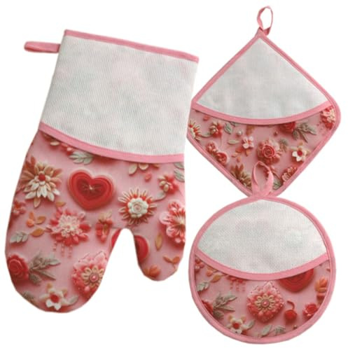 Guantone e presine da cucina da ricamare a Punto Croce, Set Guanto da forno e presine, Guantone da forno e presine con Tela Aida fantasia Rose e Cuori