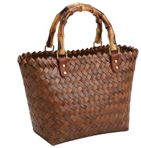 Ameble Handwoven Brown Woven Beach Bag for Women with Bamboo Handle, Large Capacity 11.8x7.9 Straw Basket Tote, Summer Holiday Shoulder Bag