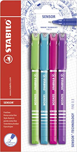 STABILO - Fineliner mit gefederter Spitze - SENSOR F - fein - 4er Pack - hellgrün, türkis, pink, lila