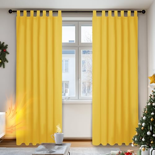 Deconovo Vorhänge Lärmschutz Dicke Gardinen Verdunklung Schlaufen Winter, 245x140 cm(HöhexBreite), Senfgelb, 2er Set