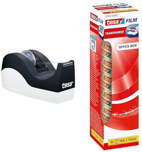 tesa Easy Cut Ocra tejpdispenser - tejphållare för tejp med maxmåtten 33 m x 1,9 cm - svart och vit - Inklusive 1 rulle tesafilm-tejp à 10 m x 1,9 cm & tesa 57404-00002-02 Transparent Tejp, 8 Rullar
