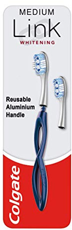 Colgate Link Manual Toothbrush Whitening Starter Kit Including 1 Premium Aluminium Handle & 2 Whitening Replacement Brush Heads Medium, Navy, Stain Removing Technology, 80% Less Plastic