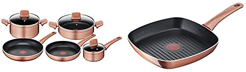 Lagostina Ramata Set Di Pentole E Padelle, Esterno Effetto Rame, Alluminio Antiaderente, 8 Pezzi, Nero & Ramata Grill Esterno Effetto Rame, Alluminio Antiaderente, 26 X 26 Cm, Nero