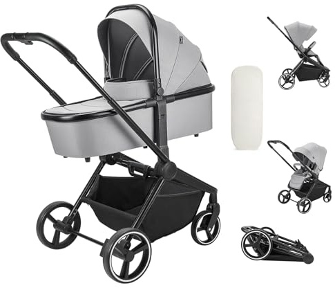 Booboo Kinderwagen Jazzi 2 in 1 Kombi-Kinderwagen inkl. Babywanne mit Matratze, Sportwagen, Sportsitz mit Liegefunktion, Zusammenklappbar - Grey