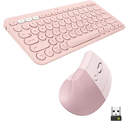 Logitech Teclado K380 y Ratón Ergonómico Lift Vertical, Teclado inalámbrico Bluetooth multidispositivo, Silencioso, Compacto, Windows/macOS/iPad OS, Portátil, PC, QWERTY ESP - Rosa