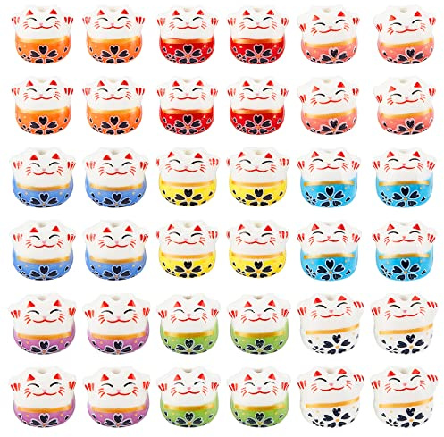 OLYCRAFT 36 perline in porcellana a forma di gatto portafortuna, Maneki Neko, perline sfuse a forma di gatto della fortuna, per la creazione di gioielli, bracciali, orecchini, accessori, foro 2 mm