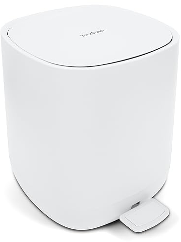 Yourcasa Bathroom bin 5L with lid [Softclose] - Stylish Design - Bedroom small and slim toilet trash can with pedal [Non Slip] sanitary cosmetic dustbin - toilet trashcan waste rubbish trash (White)