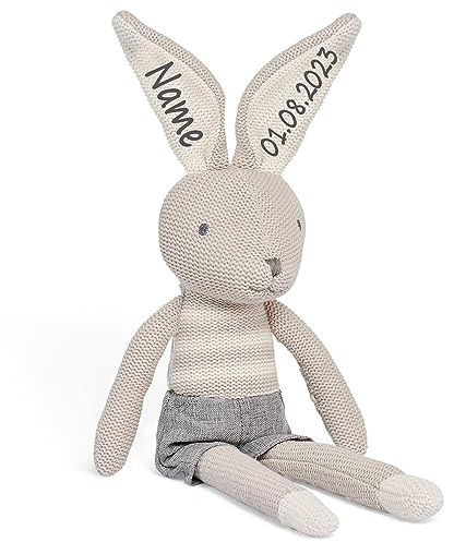 Elefantasie Hase Stofftier mit Name und Geburtsdatum Kuscheltier gestrickt personalisiert Geschenk zur Geburt Hasenjunge
