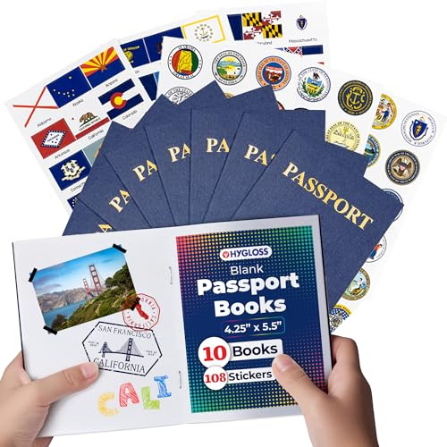 Hygloss 10 tomma passböcker och klistermärken – 4,25 x 5,5 tum – falska blå pass – resedagbok – rolig låtsasaktivitet för barn – klassrum och festgåvor – 24 tomma sidor, 108 klistermärken – 10 böcker