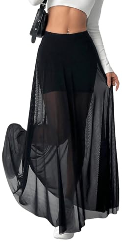 GORGLITTER Mesh Rock Damen Lang Mit Hose Drunter Maxirock Transparent 2 In 1 Durchsichtiger Festival Schwarz XS