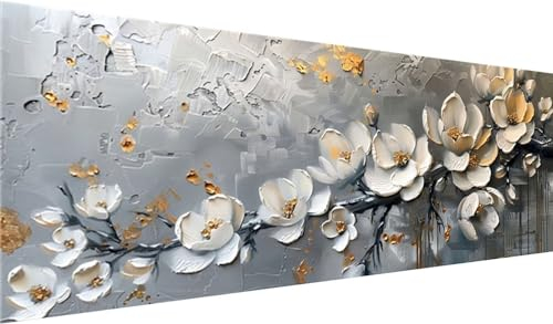 Diamond Painting Set 230x90 cm, DIY Blume Diamond Painting Eckige Steine Strass Cross Stickerei Kunst Kits, Diamond Painting Zubehör Set Basteln Erwachsene, Diamond Painting Weiße Blumen für Geschenke