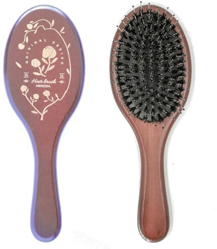 Menesia Brown Bamboo Bristle Hair Brush - Wooden Paddle Brush for Hair Growth, Scalp Massag - Bamboo Hairbrush for Men and Women (brown rose)