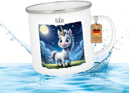 Druckerino Emaille Tasse für Kinder mit Namen personalisiert Geschenk personalisiert Namenstasse Tiere Geschenk mit Name Kinder Kindertasse mit Namen für den Kindergarten 300 ml (Einhorn)