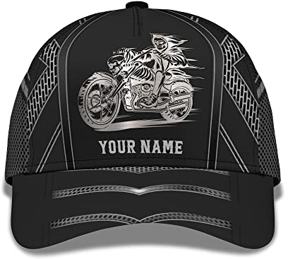 Golf Caps Biker 3D Personalisieren Sie Den Namenstext Mit Totenkopf Fahrer Motorrad Baseball Mütze Outdoor Sonnenblende Mütze Sonnenschutz Freizeit Basecap Für Teenager, Tennis, Running