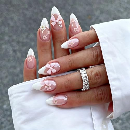 Jewl Aoer Short Almond Press on Nails, French Tip Fake Nails with Cute 3D Bow Tie Flower, Pink Stick on Nails Acrylic Reusable False Nails Kit for Women Girls Faux Ongles a Coller