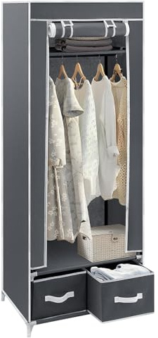 Trintion Portable Wardrobe 160 x 60 x 43CM Single Canvas Wardrobe Clothes Storage Organizer with 2 Drawers and Hanging Rail for Living Room, Bedroom (Grey)