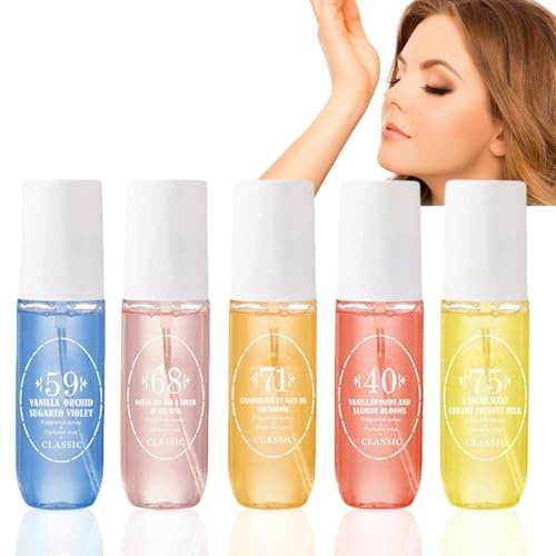 5PCS Brazilian Perfume Body Spray,Brazilian Perfume,Hair and Body Mist,Body Fragrance,Long Lasting Perfumes for Women,Fruity Body Spray Body Splash,Natural Moisturizing Body Splash For Women