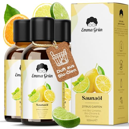 Emma Grün® Saunaaufguss Bio 3x 100ml [MIT ZITRUSÖLEN] - Sauna Aufgussmittel mit Orange, Zitrone & Limette - Saunaöl Bio Ätherische Öle Naturrein - Citrus Saunaduft Aufguss Fruchtig & Frisch