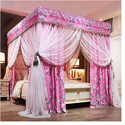 RDWQDGJG Bettvorhang Prinzessin King Size Betthimmel 4 Himmelbetthimmel Rosa Schlafzimmerhimmel (Bettvorhang++Halterung) (Größe: 1,8 × 2 m/5,9 × 6,6 Fuß)