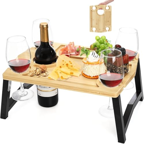 YOUEON Bamboo & Iron Foldable Wine Picnic Table, 5-Cup Holders Charcuterie Board, Small Snack Cheese Tray for Outdoor Picnic, Beach, Camping, Park (41x30.5x17.5cm)