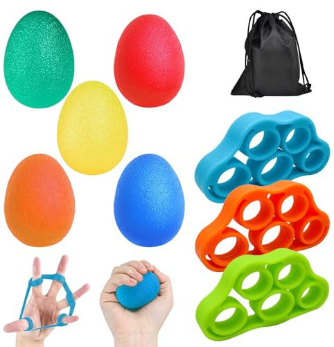 Kinfezlon 8 Stück Handtrainer Ball 5 Eiförmige Griffbälle 3 Fingerstretcher, Für Hände Therapie Arthrose Kräftigung von Hand Lindert Stress Angstlinderung Fingertrainer Ball für Männer und Frauen