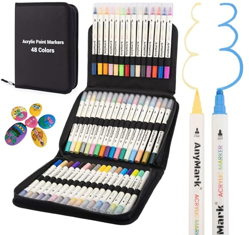 AnyMark 48 Färger Akrylfärgmarkers, Dubbelspets med Dottipp och Fin Spets, Premium Akrylpennor för Sten, Trä, Kalligrafi, Glas, Stenmålning och DIY-Hantverk
