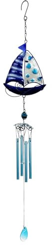 Glass Wind Chimes For Garden,Blue Sail-boat Wind Chime For Patio Hanging Decoration,o-cean Windchime Outdoor Porch Balcony Hanging Decoration