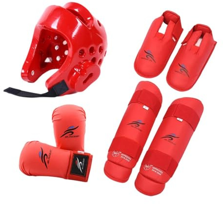 Gralara Karate Set Protezioni Casco Guanti Paratibie Realizzato in Materiale Spugna PU Offre Comfort E Mobilità Adatto a Bambini Adulti Allenamento Competizi, Rosso XS