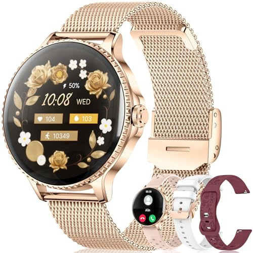 Smartwatch Donna Con Chiamate Bluetooth,1.27'' AMOLED Orologio Smartwatch Con 24H Frequenza Cardiaca/SpO2/Sonno Monitorare, 120+ Modalità IP68 Orologio Sportivo per Android iOS (Oro Rosa, 4 Cinturini)
