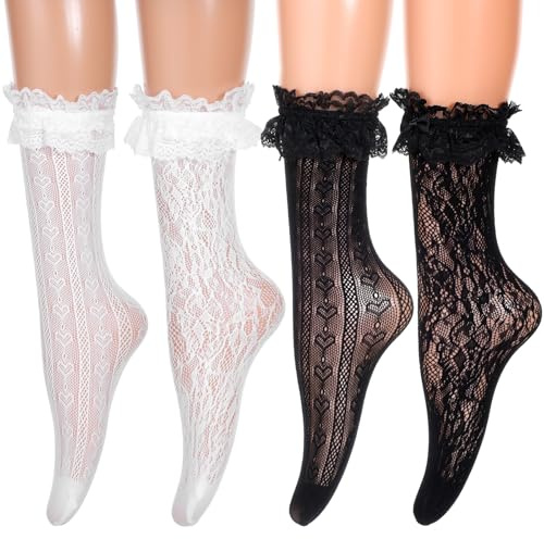 Tyqour 4 pares de calcetines con volantes de algodón con volantes para mujer, calcetines de encaje, calcetines cómodos, princesas, volantes, calcetines de moda, de encaje, tobilleros, con volantes